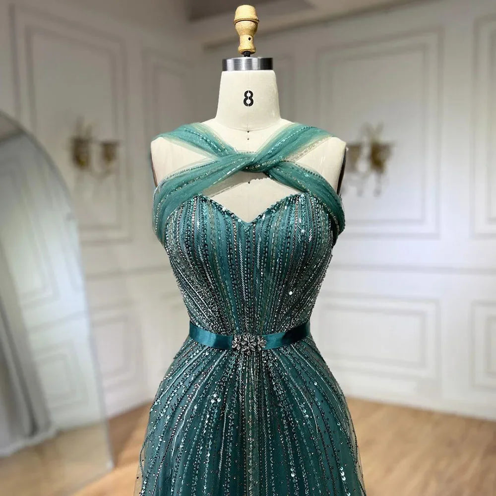 Serene Hill Dubai Turquoise Spaghetti Strap Mermaid Luxury Beaded Evening Dresses Gowns For Women Wedding Party 2025 LA72322 - SERENE HILL