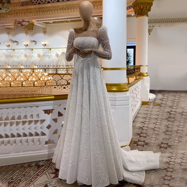 Serene Hill Dubai White A Line Luxury Evening Dresses Pearls Beaded Long Sleeve For Women Wedding Party 2025 LA72167