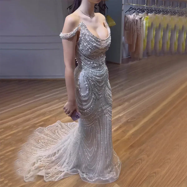 Luxury Crystal Silver Gray Pearl Beaded Evening Dress LA72253