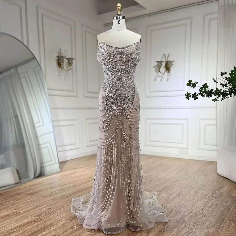 Luxury Crystal Silver Gray Pearl Beaded Evening Dress LA72253 White nude / 8 Luxury Crystal Silver Gray Pearl Beaded Evening Dress LA72253 White nude / 8