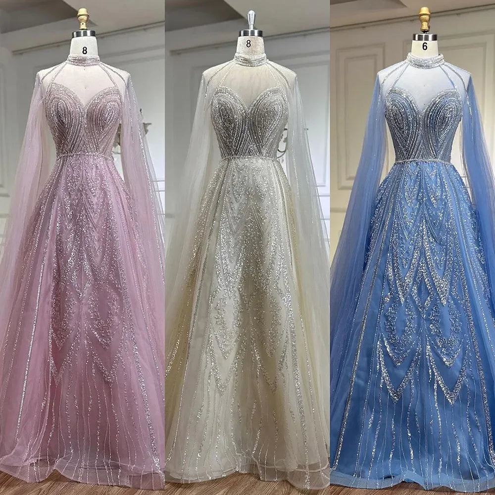 Luxury A-line Blue Evening Dress with Cape Sleeves LA72308 - SERENE HILL