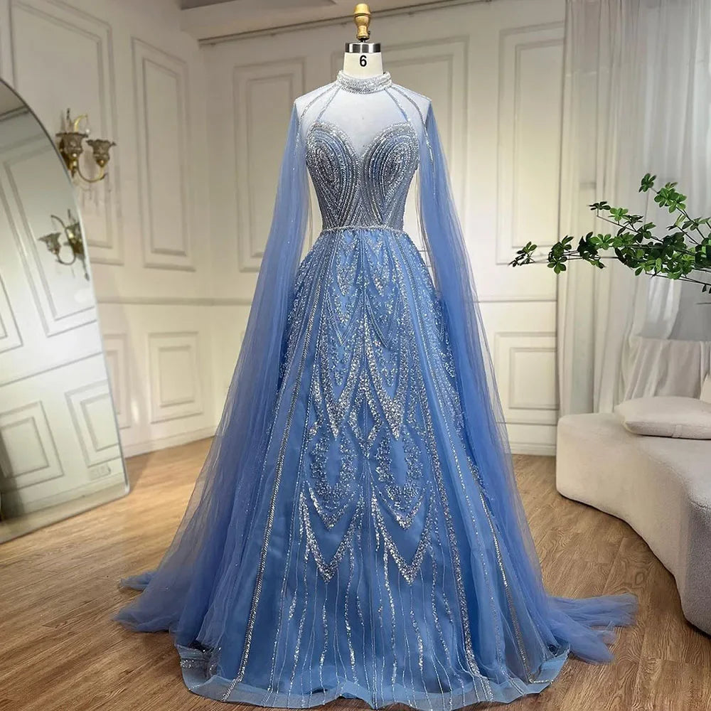 Luxury A-line Blue Evening Dress with Cape Sleeves LA72308 – SERENE HILL