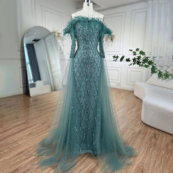 Serene Hill Dubai turquoise Feathers Beaded Mermaid Elegant Evening Dresses Gowns 2025 For Women Wedding Party LA72169