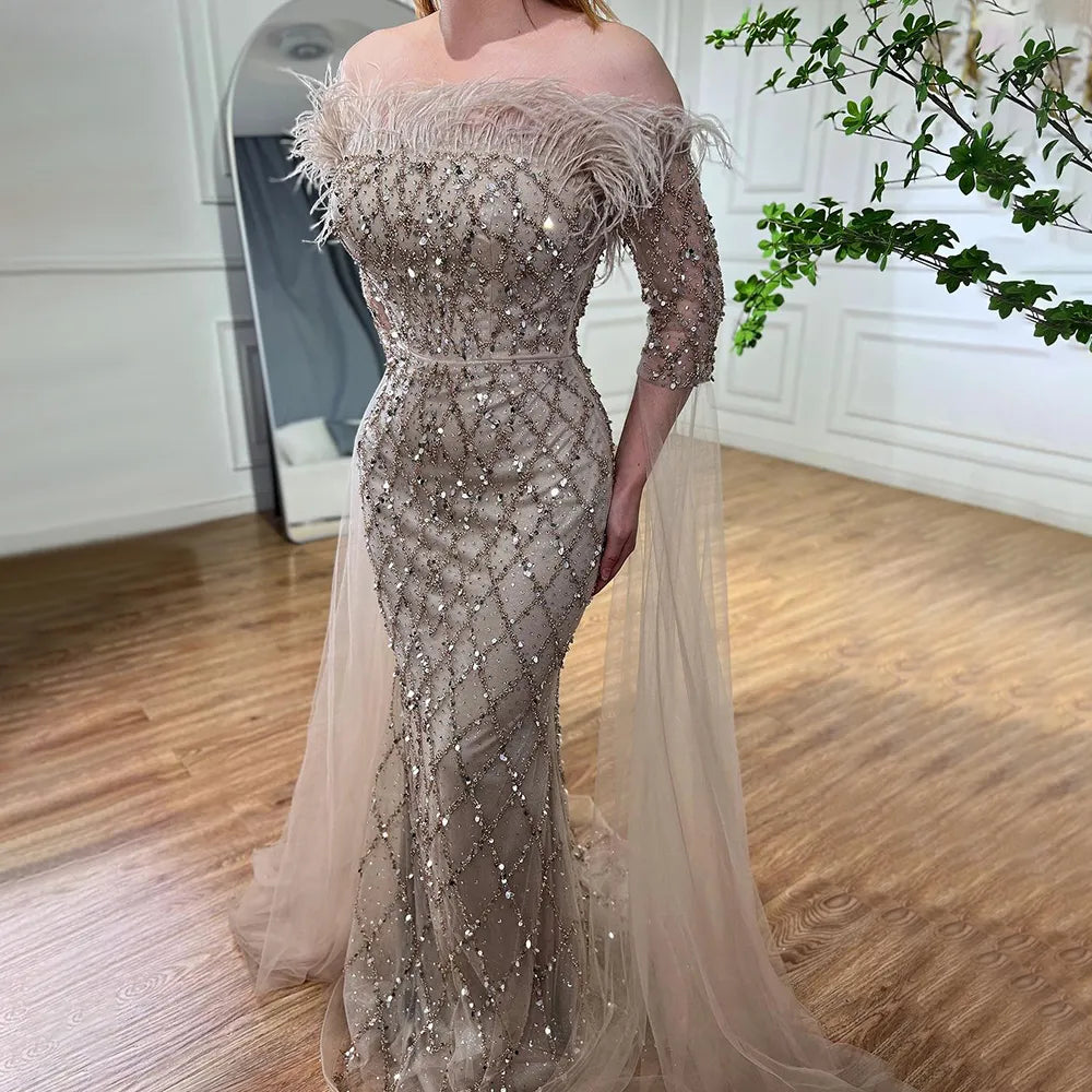 Serene Hill Dubai turquoise Feathers Beaded Mermaid Elegant Evening Dresses Gowns 2025 For Women Wedding Party LA72169 - SERENE HILL