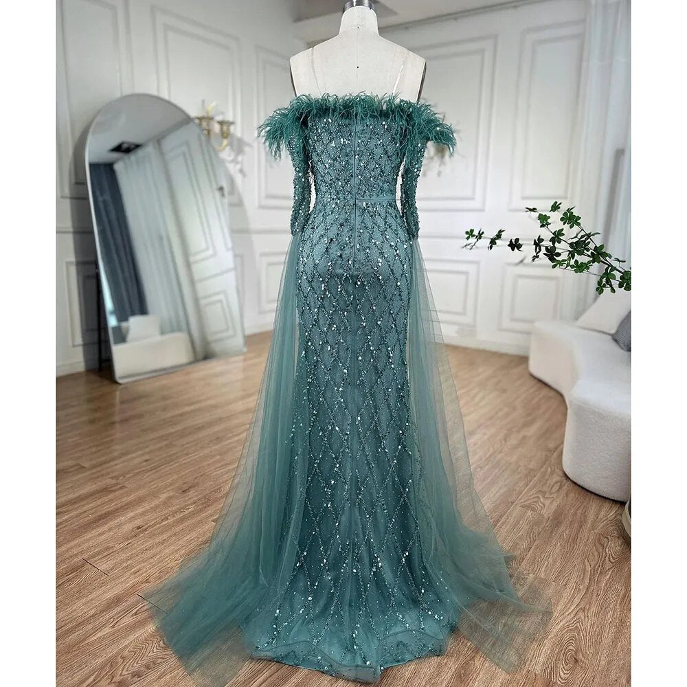 Serene Hill Dubai turquoise Feathers Beaded Mermaid Elegant Evening Dresses Gowns 2025 For Women Wedding Party LA72169 - SERENE HILL