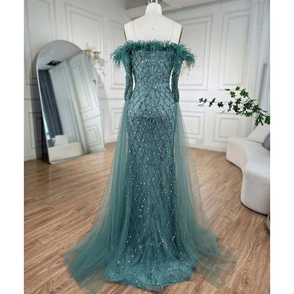 Serene Hill Dubai turquoise Feathers Beaded Mermaid Elegant Evening Dresses Gowns 2025 For Women Wedding Party LA72169 - SERENE HILL
