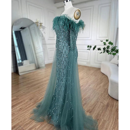 Serene Hill Dubai turquoise Feathers Beaded Mermaid Elegant Evening Dresses Gowns 2025 For Women Wedding Party LA72169 - SERENE HILL