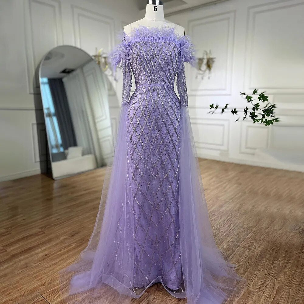 Serene Hill Dubai turquoise Feathers Beaded Mermaid Elegant Evening Dr –  SERENE HILL
