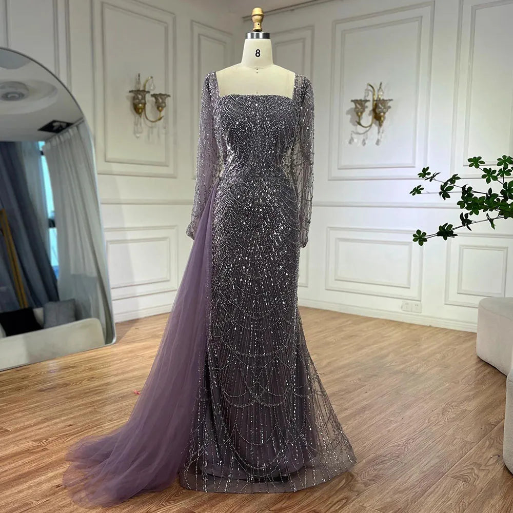 Serene Hill Elegant Arabic Purple Mermaid Beaded Evening Gown with Tulle Overskirt for Women | Wedding Party 2025 LA72032F - SERENE HILL