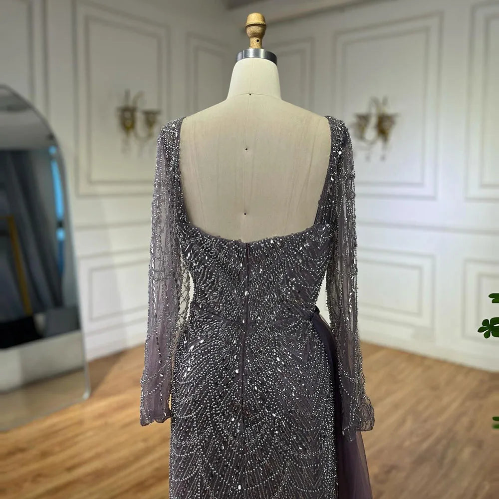 Serene Hill Elegant Arabic Purple Mermaid Beaded Evening Gown with Tulle Overskirt for Women | Wedding Party 2025 LA72032F - SERENE HILL
