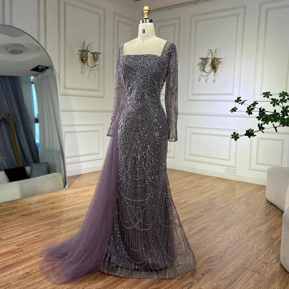 Serene Hill Elegant Arabic Purple Mermaid Beaded Evening Gown with Tulle Overskirt for Women | Wedding Party 2025 LA72032F - SERENE HILL