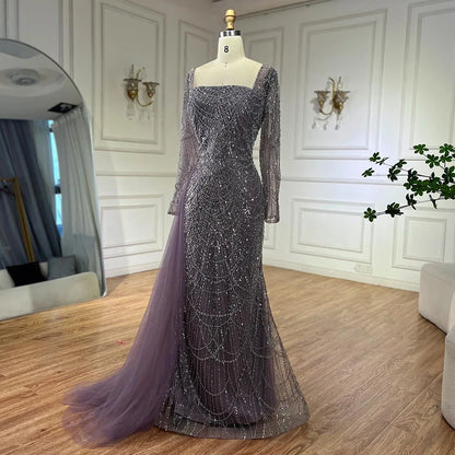Serene Hill Elegant Arabic Purple Mermaid Beaded Evening Gown with Tulle Overskirt for Women | Wedding Party 2025 LA72032F - SERENE HILL