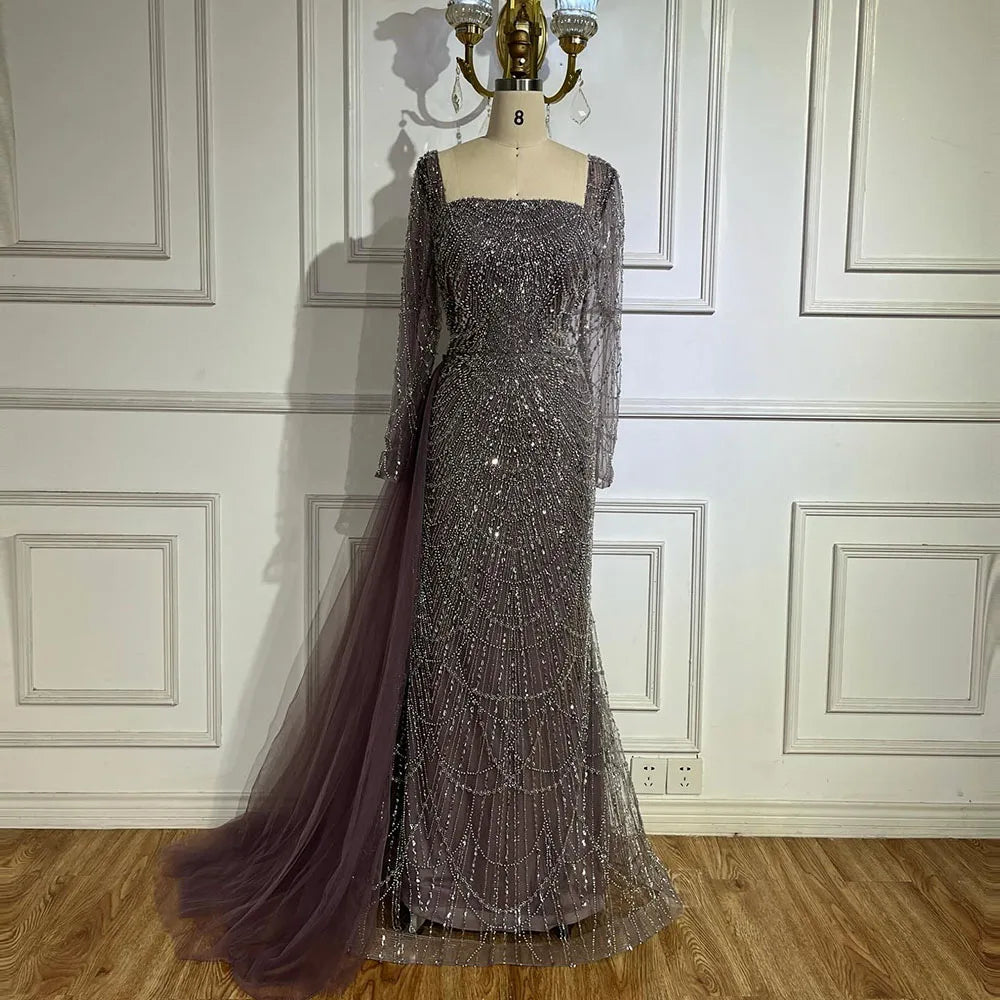 Serene Hill Elegant Arabic Purple Mermaid Beaded Evening Gown with Tulle Overskirt for Women | Wedding Party 2025 LA72032F - SERENE HILL