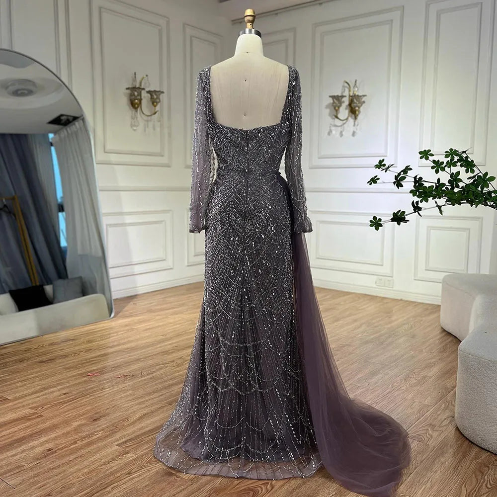 Serene Hill Elegant Arabic Purple Mermaid Beaded Evening Gown with Tulle Overskirt for Women | Wedding Party 2025 LA72032F - SERENE HILL