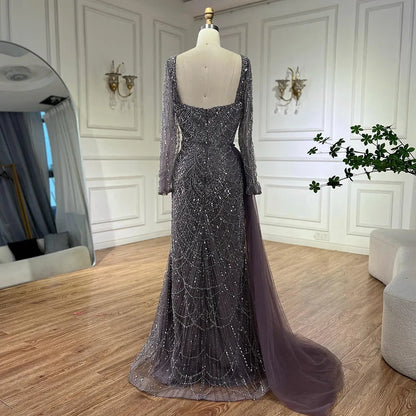 Serene Hill Elegant Arabic Purple Mermaid Beaded Evening Gown with Tulle Overskirt for Women | Wedding Party 2025 LA72032F - SERENE HILL