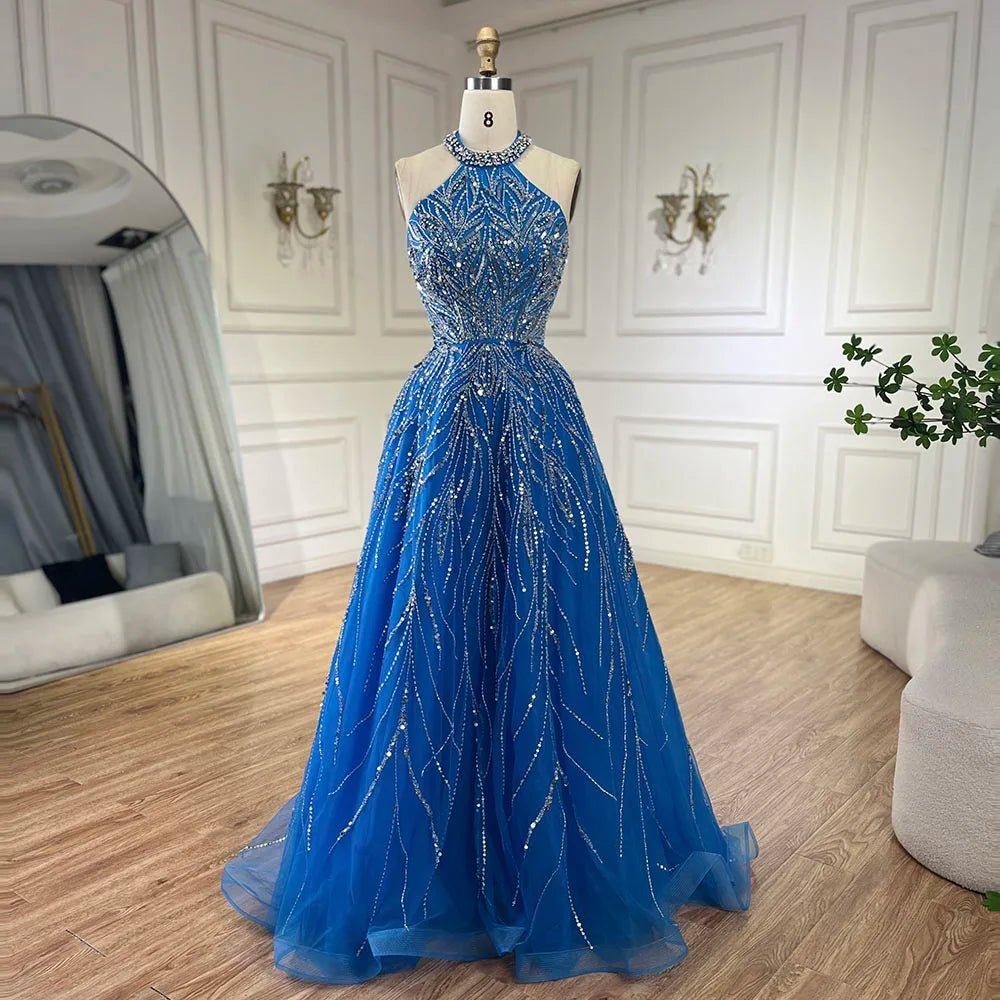 Serene Hill Elegant Blue Arabic A-line Halter Gown Luxury Dubai Evening Dress for Women Wedding Party 2025 LA72302 - SERENE HILL