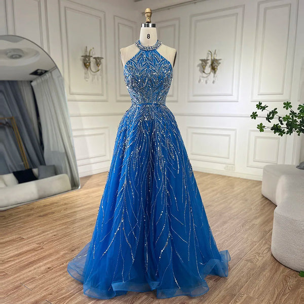Serene Hill Elegant Blue Arabic A-line Halter Gown Luxury Dubai Evening Dress for Women Wedding Party 2025 LA72302