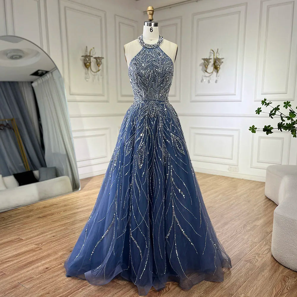Serene Hill Elegant Blue Arabic A-line Halter Gown Luxury Dubai Evening Dress for Women Wedding Party 2025 LA72302 - SERENE HILL