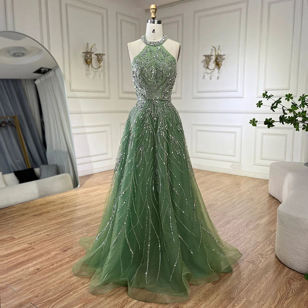 Serene Hill Elegant Blue Arabic A-line Halter Gown Luxury Dubai Evening Dress for Women Wedding Party 2025 LA72302 - SERENE HILL