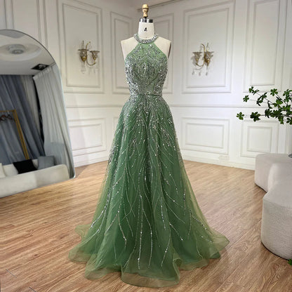 Serene Hill Elegant Blue Arabic A-line Halter Gown Luxury Dubai Evening Dress for Women Wedding Party 2025 LA72302 - SERENE HILL