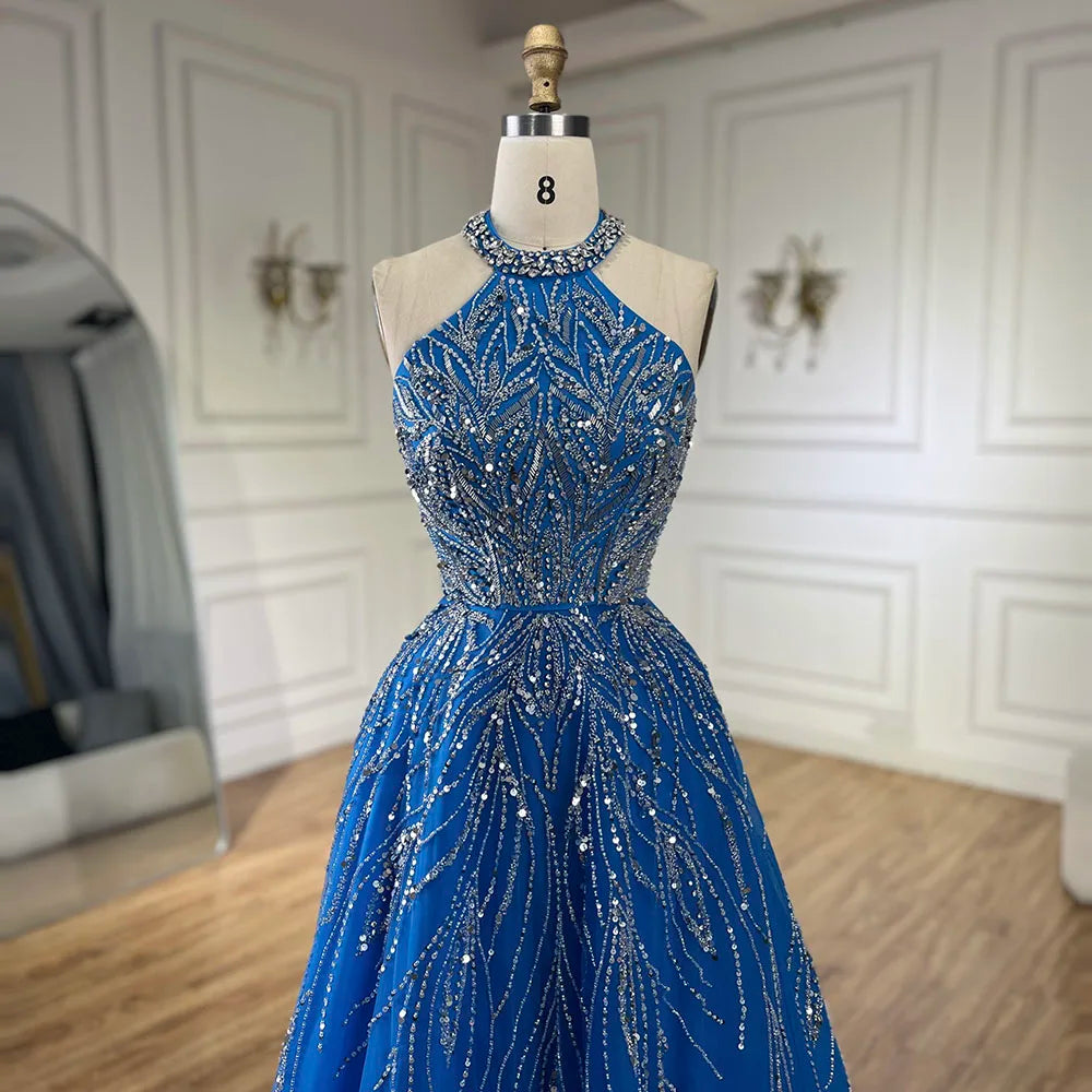 Serene Hill Elegant Blue Arabic A-line Halter Gown Luxury Dubai Evening Dress for Women Wedding Party 2025 LA72302 - SERENE HILL