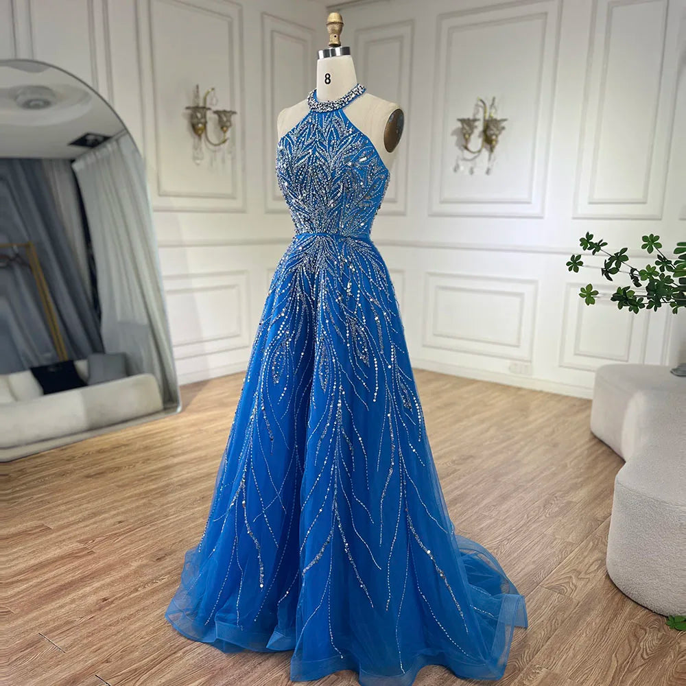 Serene Hill Elegant Blue Arabic A-line Halter Gown Luxury Dubai Evening Dress for Women Wedding Party 2025 LA72302 - SERENE HILL