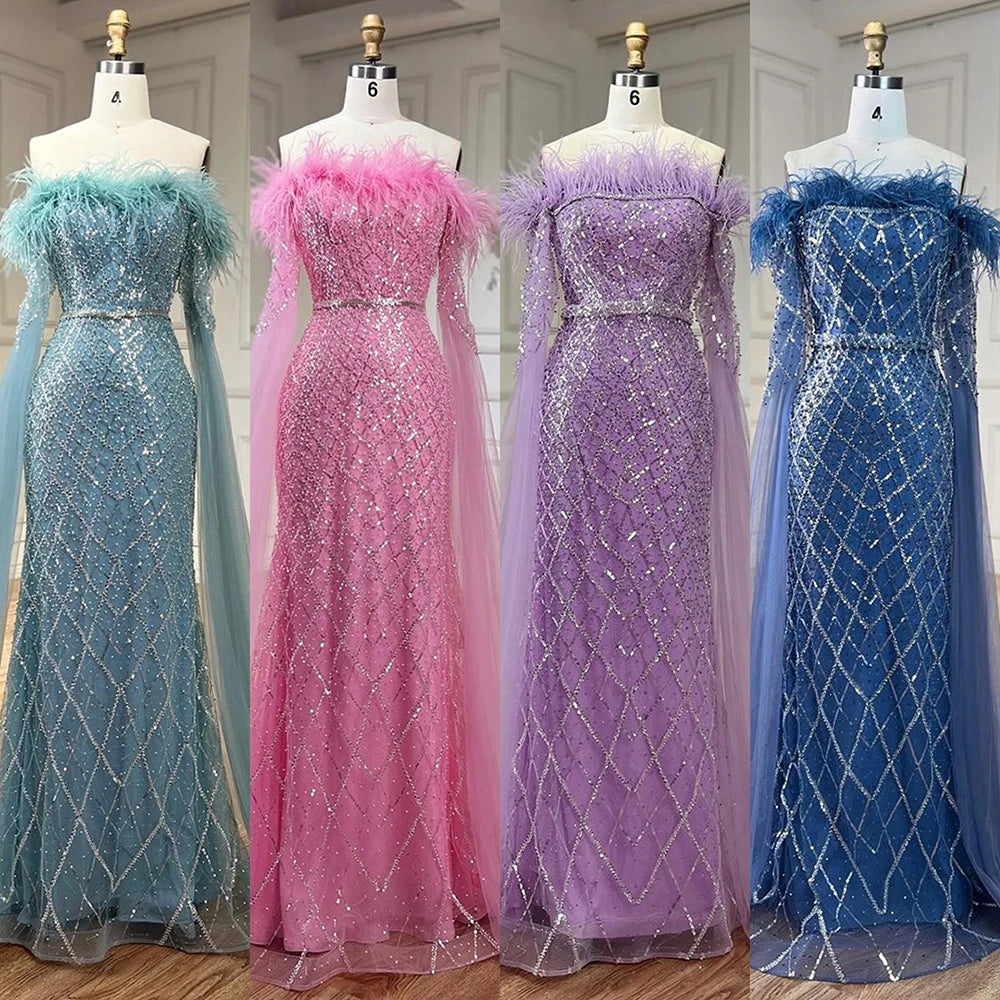 Luxury Feather Turquoise Evening Dress with Cape LA72169B - SERENE HILL