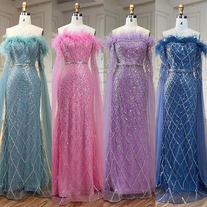 Luxury Feather Turquoise Evening Dress with Cape LA72169B - SERENE HILL