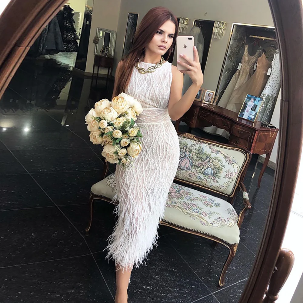 Elegant Arabic Black &amp; White Feather Midi Evening Dresses LA72076 - SERENE HILL
