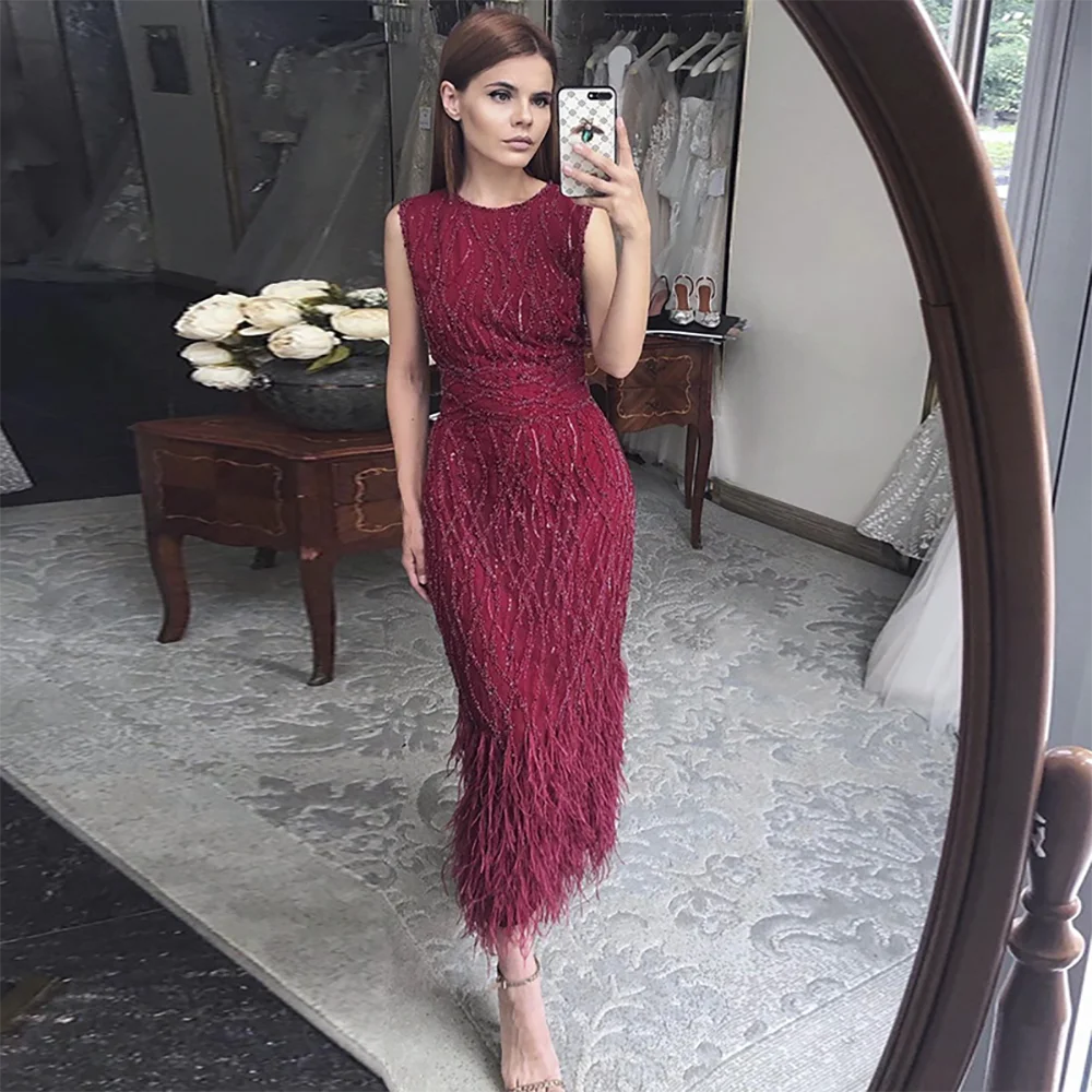 Elegant Arabic Black &amp; White Feather Midi Evening Dresses LA72076 - SERENE HILL