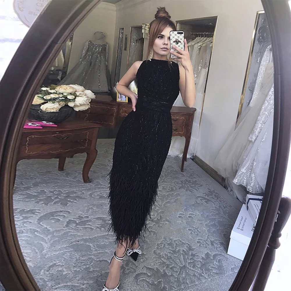Elegant Arabic Black & White Feather Midi Evening Dresses LA72076 Black / 12 Elegant Arabic Black & White Feather Midi Evening Dresses LA72076 Black / 12
