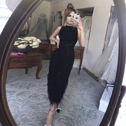 Elegant Arabic Black &amp; White Feather Midi Evening Dresses LA72076 - SERENE HILL