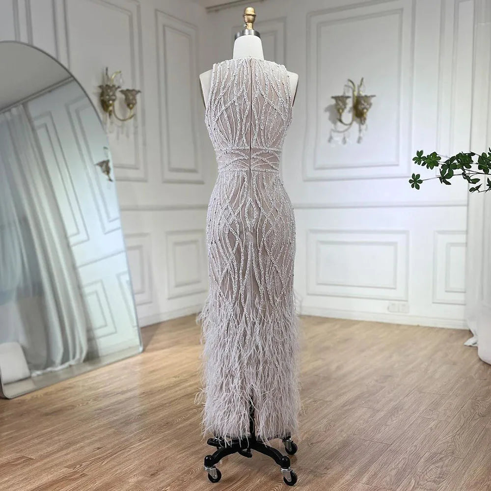 Elegant Arabic Black & White Feather Midi Evening Dresses LA72076 White / 16 Elegant Arabic Black & White Feather Midi Evening Dresses LA72076 White / 16