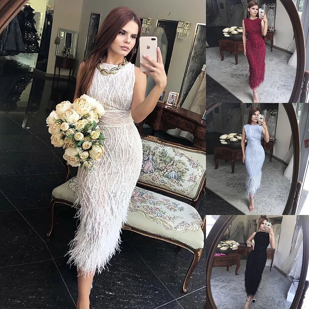 Elegant Arabic Black &amp; White Feather Midi Evening Dresses LA72076 - SERENE HILL