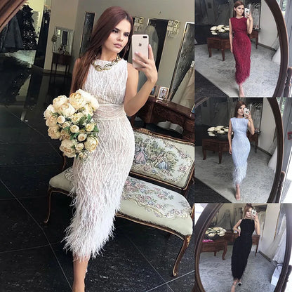Elegant Arabic Black &amp; White Feather Midi Evening Dresses LA72076 - SERENE HILL