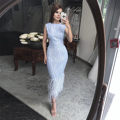 Elegant Arabic Black &amp; White Feather Midi Evening Dresses LA72076 - SERENE HILL
