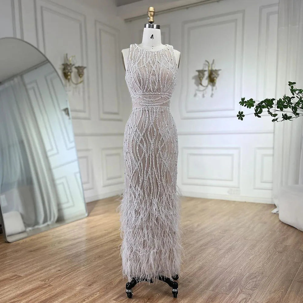 Elegant Arabic Black & White Feather Midi Evening Dresses LA72076 White / 16 Elegant Arabic Black & White Feather Midi Evening Dresses LA72076 White / 16