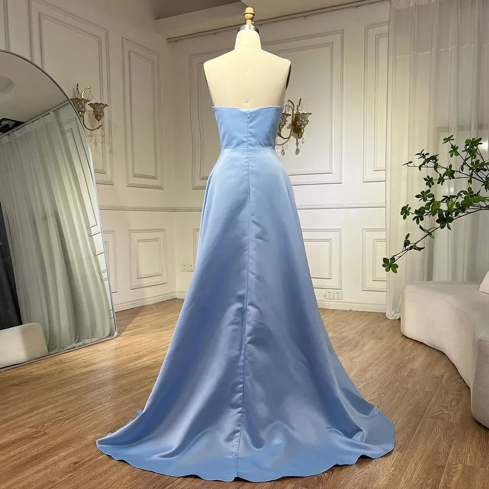 Elegant Blue Satin Arabic Evening Dress Luxury Crystal Side Slit LA71847 - SERENE HILL