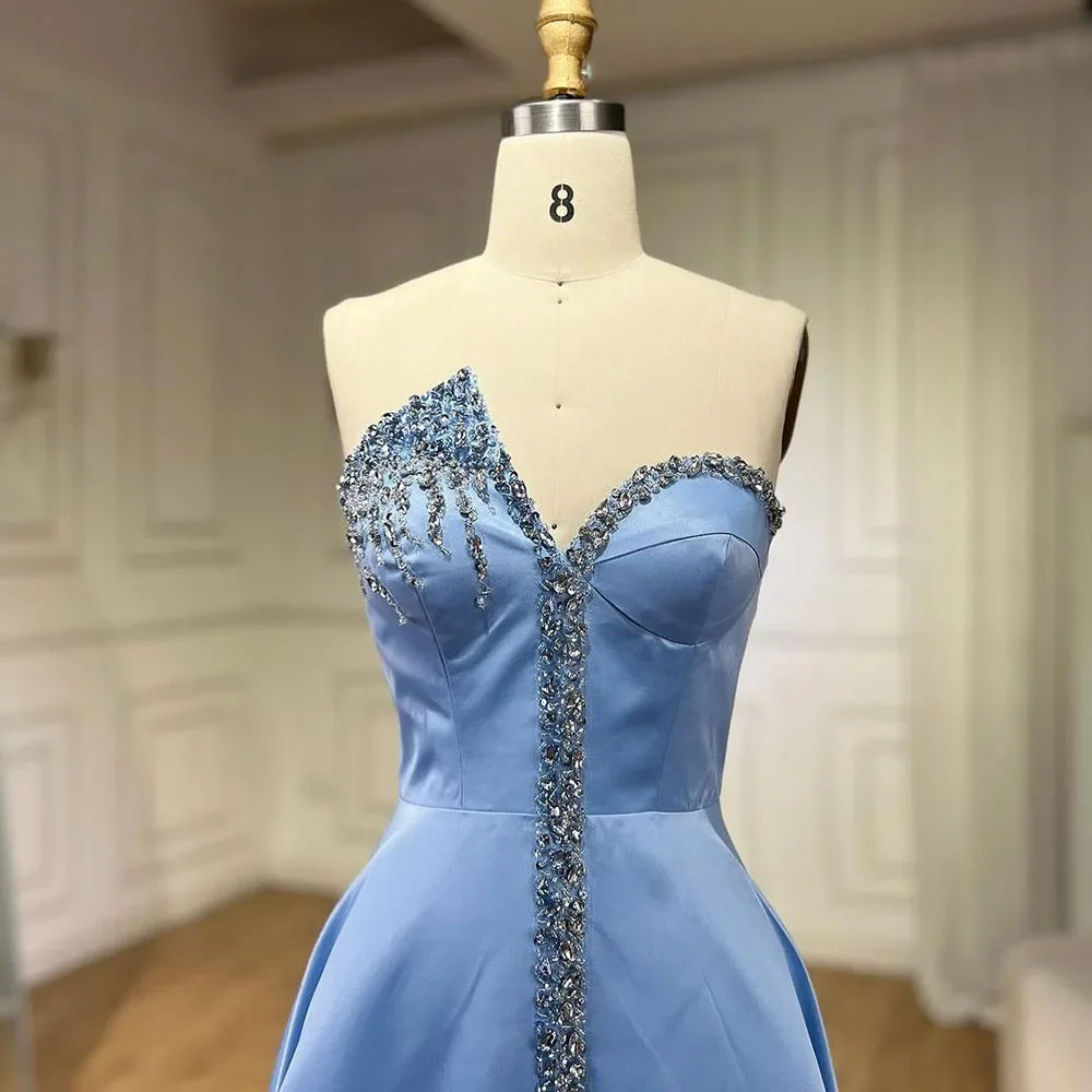 Elegant Blue Satin Arabic Evening Dress Luxury Crystal Side Slit LA71847 - SERENE HILL