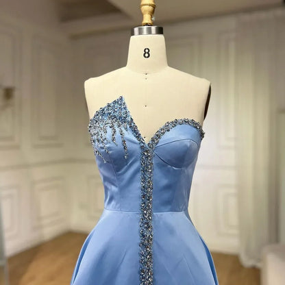 Elegant Blue Satin Arabic Evening Dress Luxury Crystal Side Slit LA71847 - SERENE HILL