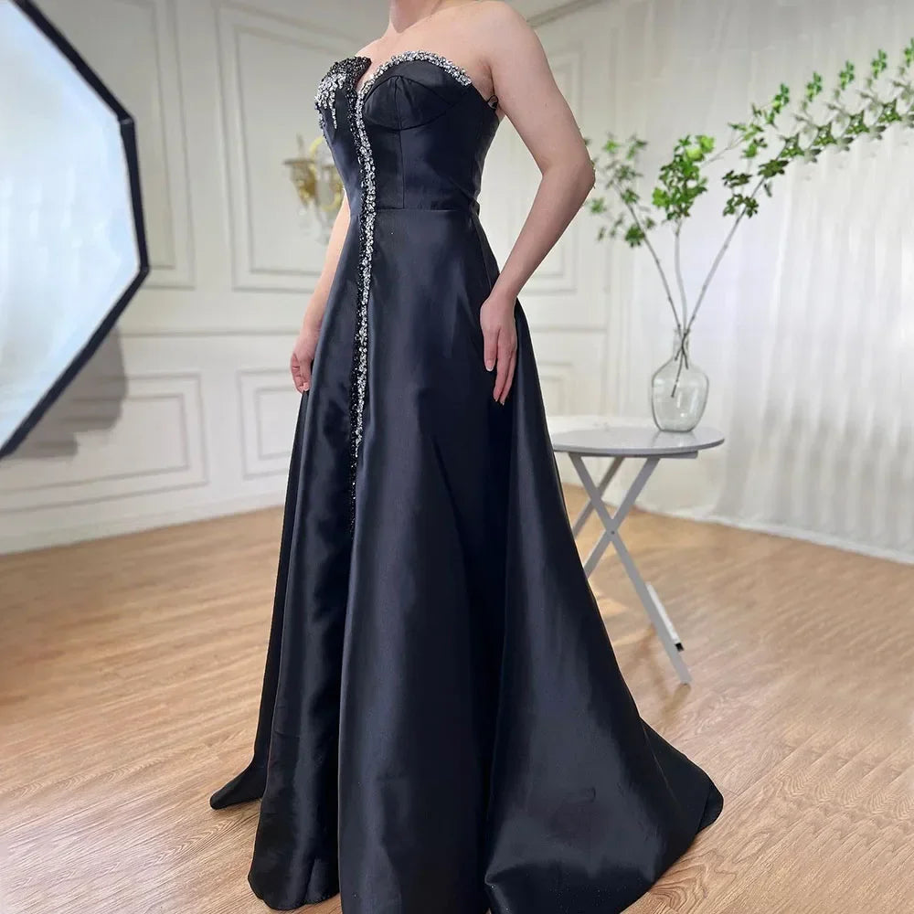 Elegant Blue Satin Arabic Evening Dress Luxury Crystal Side Slit LA71847 - SERENE HILL