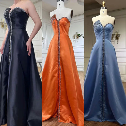 Elegant Blue Satin Arabic Evening Dress Luxury Crystal Side Slit LA71847 - SERENE HILL