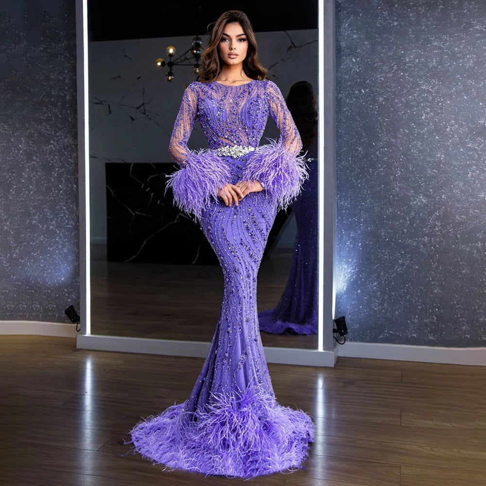 Serene Hill Elegant Mermaid Evening Dress Arabic Purple Beaded Feathers