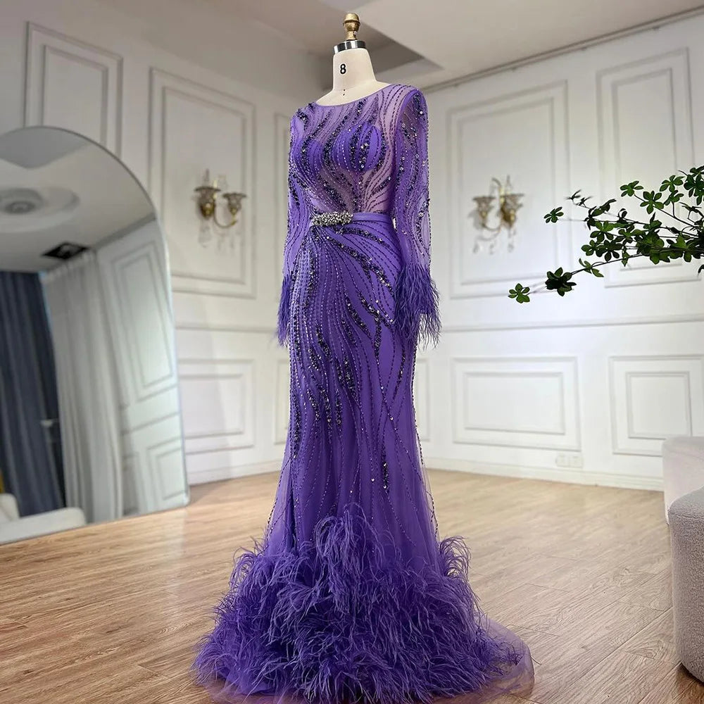 Serene Hill Elegant Mermaid Evening Dress Arabic Purple Beaded Feather –  SERENE HILL