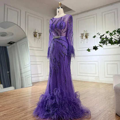 Serene Hill Elegant Mermaid Evening Dress Arabic Purple Beaded Feathers | Luxury Gown for Women&