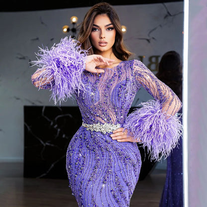 Serene Hill Elegant Mermaid Evening Dress Arabic Purple Beaded Feathers | Luxury Gown for Women&
