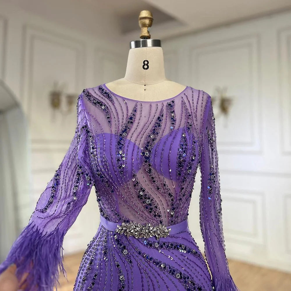 Serene Hill Elegant Mermaid Evening Dress Arabic Purple Beaded Feathers | Luxury Gown for Women&