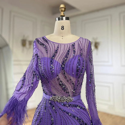 Serene Hill Elegant Mermaid Evening Dress Arabic Purple Beaded Feathers | Luxury Gown for Women&