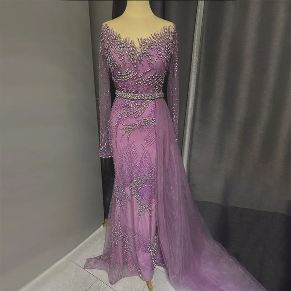 Purple Evening Gowns with Beaded Skirt and Lace-up Detail LA72376