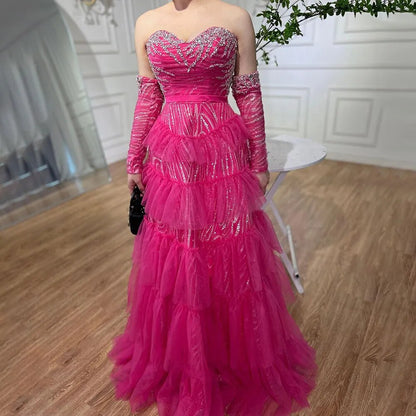 Serene Hill Fuchsia A Line Elegant Sweetheart Off Shoulder Tiered Beaded Evening Dresses Prom Gowns For Women Party 2025 LA72035 - SERENE HILL